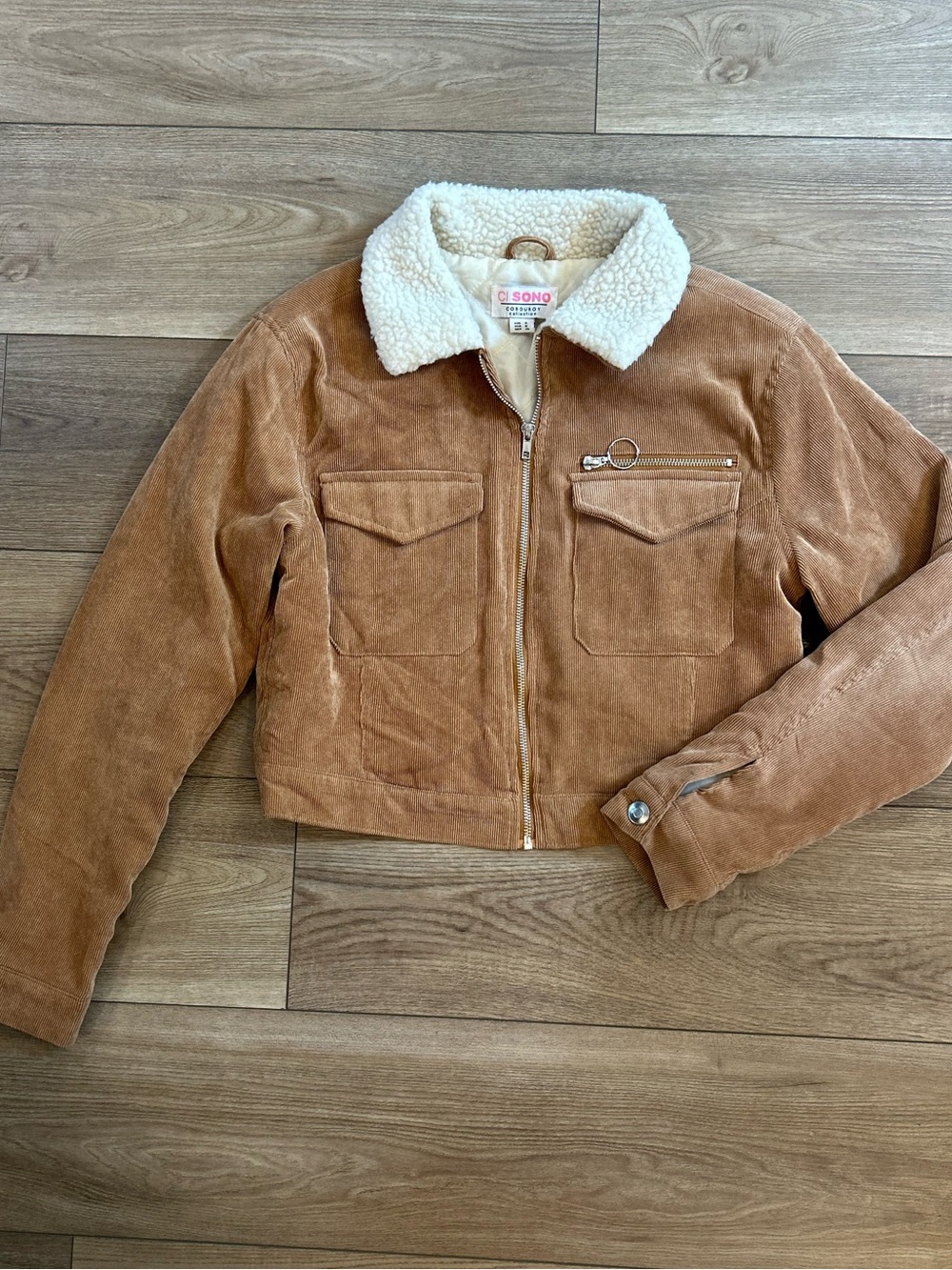 CI SONO Y2K Sherpa Lined Corduroy Cropped Jacket Brown Zip Women’s S